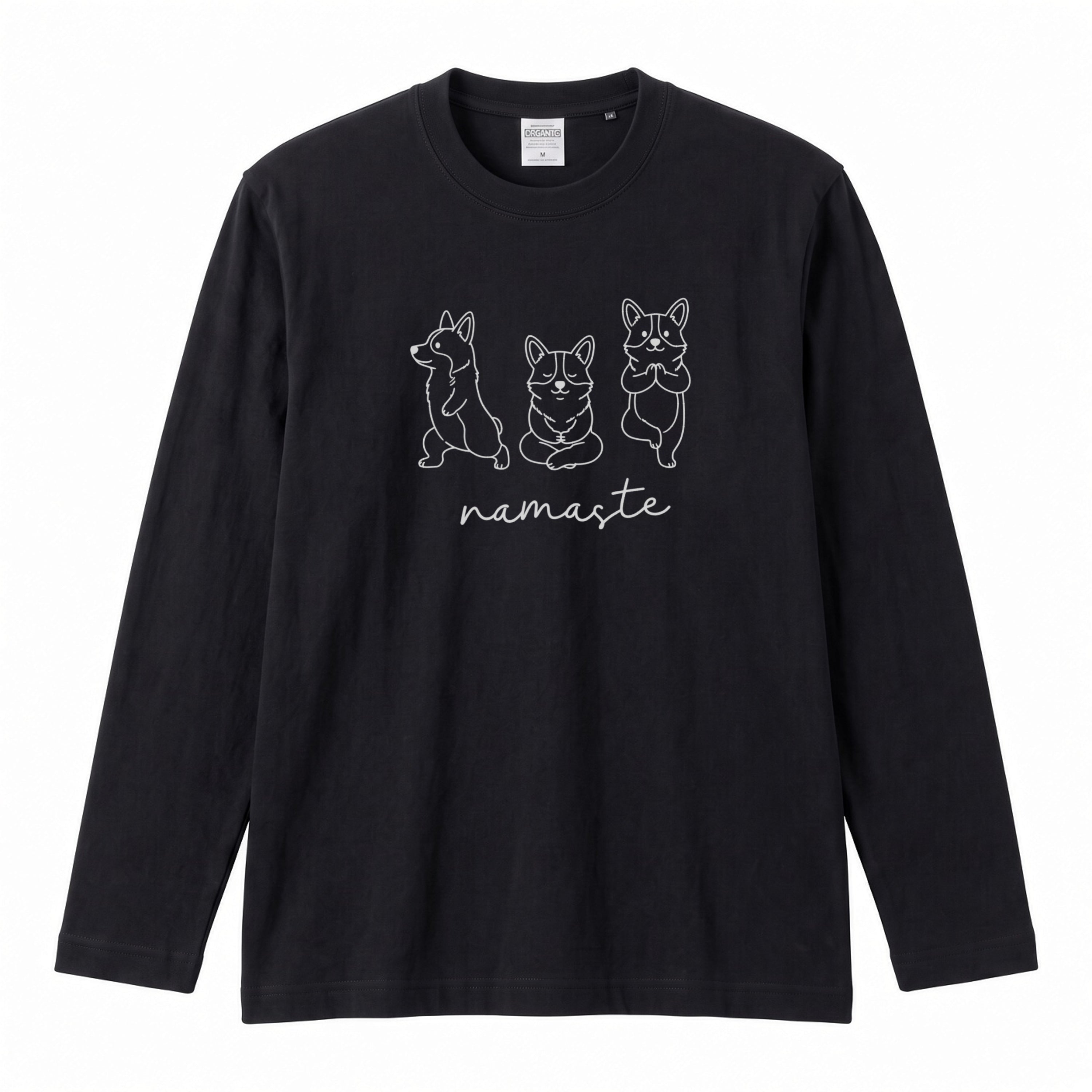 CORGI NAMASTE | コーギー 犬 ヨガ 瞑想 イラスト かわいい ワンポイント 長袖Tシャツ【犬好き・ルームウェア・カジュアル・ギフト】